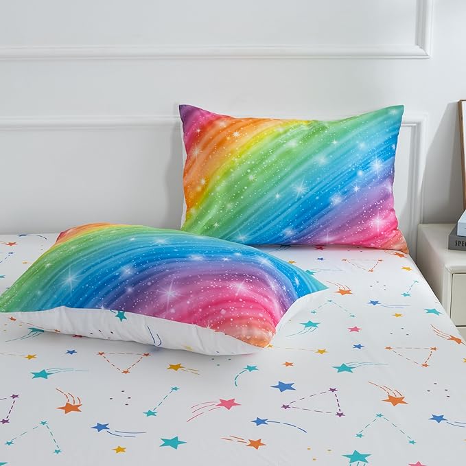 Btargot Super Soft 6 Pieces Gradient Star Ring Comforter Set, Colorful Glitter Rainbow Star Pattern Bedding Set for Boys Girls Teens,Queen Multicolor
