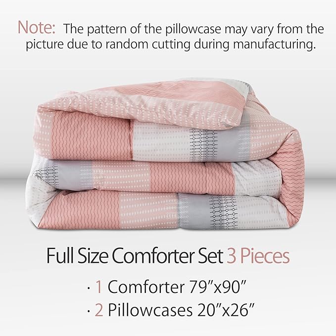 Andency Stripe Comforter Set Full Size (79x90 Inch), 3 Pieces Pink Patchwork Striped Comforter, Soft Microfiber Down Alternative Comforter Bedding Set with Corner Loops