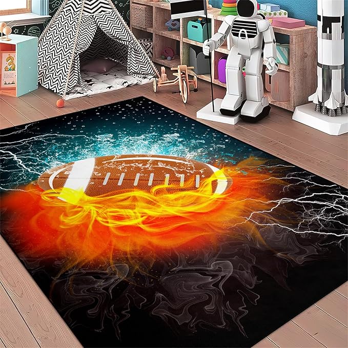 Football Rug Football Decor for Boys Bedroom Football Rug Water and Fire Cool Room Decoration Soccer Rug for Boys Room Football Printed Rug for Kids Room Playmat Rugs for Kid Room Living Room,2'5''×4'