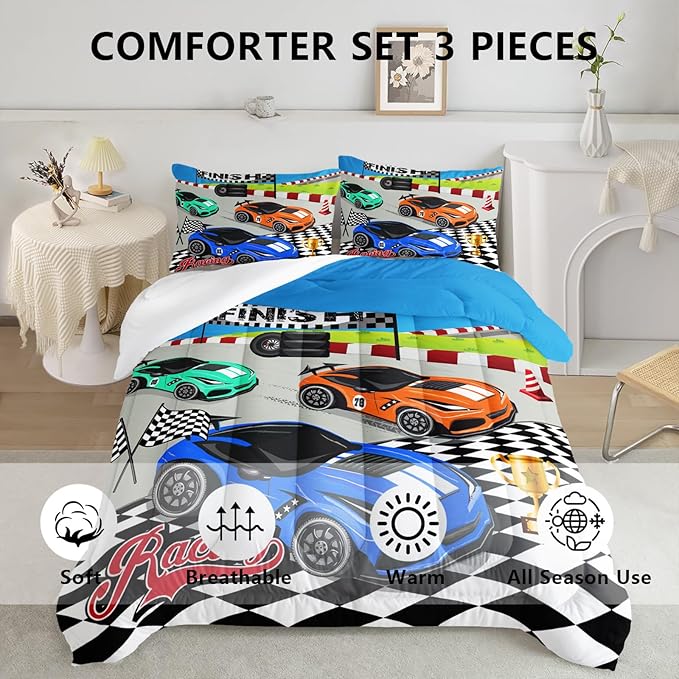 Axolotl Racing Car Bedding Set Full,Cool Speed Race Car Down Comforter for Kids Boys Girls Teens,Racing Car Comforter Set Car Theme with Three Cars Arrive at Finish,1 Comforter and 2 Pillowcases