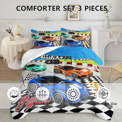 Axolotl Racing Car Bedding Set Queen,Cool Speed Race Car Down Comforter for Kids Boys Girls Teens,Racing Car Comforter Set Car Theme with Three Cars Arrive at Finish,1 Comforter and 2 Pillowcases
