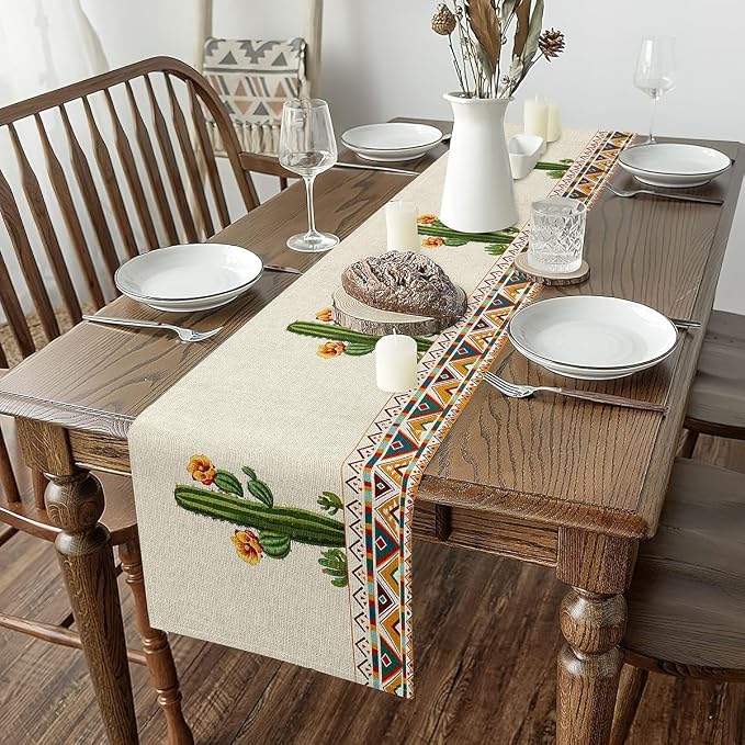 jejeloiu Green Cactus Table Runner,13" x 120" Boho Western Dresser Scarfs Aztec Decor Dresser Runners Southwestern Table Decor for Kitchen