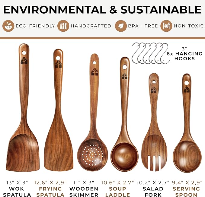 Wooden Spoons for Cooking – 6 Pcs Premium Teak Wooden Utensil Set | Durable, Nonstick Safe, Heat Resistant & Easy to Clean with Ergonomic Handles