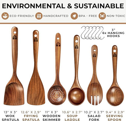 Wooden Spoons for Cooking – 6 Pcs Premium Teak Wooden Utensil Set | Durable, Nonstick Safe, Heat Resistant & Easy to Clean with Ergonomic Handles
