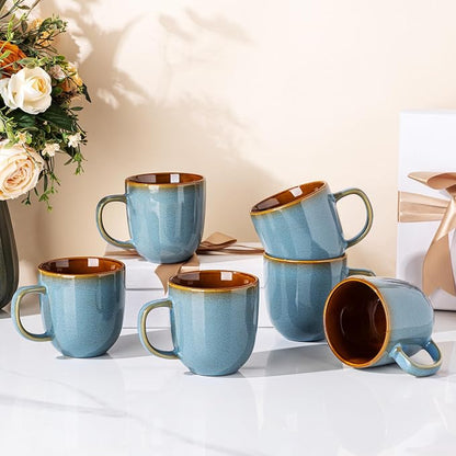 LERATIO Ceramic Coffee Mugs Set of 6,12oz Handmade Coffee Mugs Set with Large Handle for Cappuccino/Latte/Tea/Hot Cocoa,Dishwasher & Microwave Safe-Ocean Blue