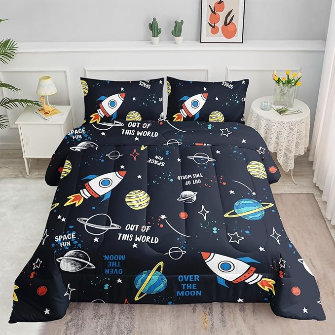 Datura home Space Ship Galaxy Comforter Set Astronaut Rocket Printed Quilt Bedding with 1 and 2 Pillowcases for Boys Girls Bedroom All Season(Space Queen), A-space, Queen 90x90inches