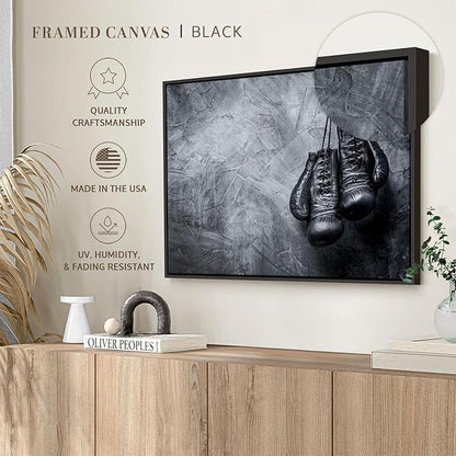 ElephantStock Boxing Gloves Wall Art - Horizontal Framed Canvas - 1-Piece Living Room Wall Decor - Photography Sports Canvas Print - Black and Gray Decor for Wall - 13" X 9"
