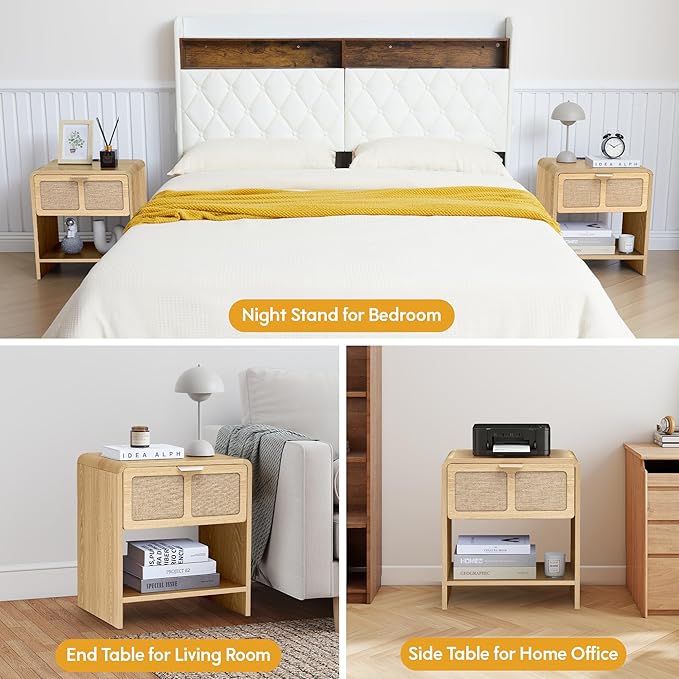 LEVNARY Nightstand with Charging Station, Mid-Century Modern Bedside Table with Curved Top Corners and Fabric-Like Textured Drawer, Wooden End Table for Farmhouse Bedroom Living Room (1, Natural)