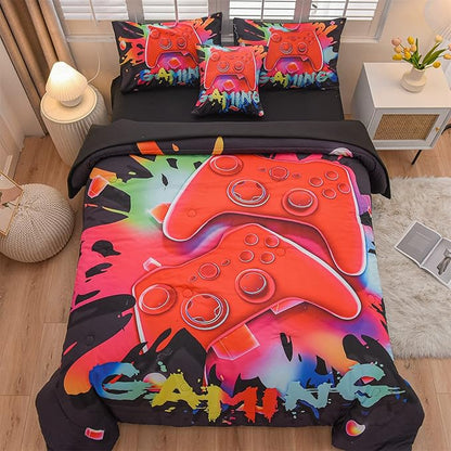 Aimuan Gaming Comforter Sets for Boys Kids Bedding Sets Video Games Console Action Buttons Novelty Colorful Game Gamepad Controller Modern Gamer Room Decor Home Quilt Set (Queen 6 Pcs,Black)