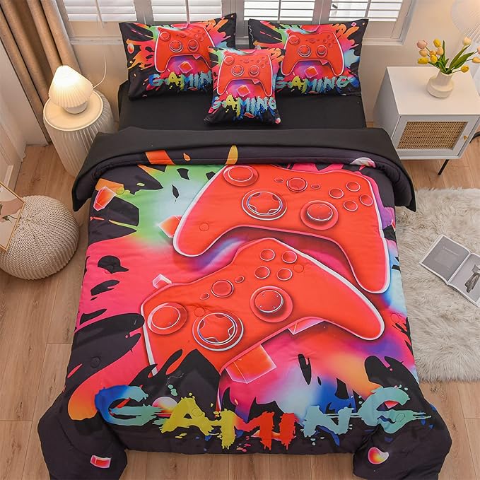 Aimuan Gamer Gaming Bedding Sets 3D Gamepad Comforter Sets for Boys Games Console Action Buttons Novelty Colorful Game Controller Modern Room Decor Home Quilt Set (Black, Twin 6PCS)