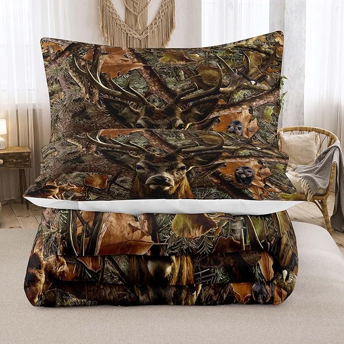 NINENINE Deer Bedding Sets Camo Comforter Set,Boys Queen Bedding,Western Comforter Sets for Boys,Queen Size Bedding Set for Boys,Hunting Bed Sets with 1 Comforter 2 Pillowcases