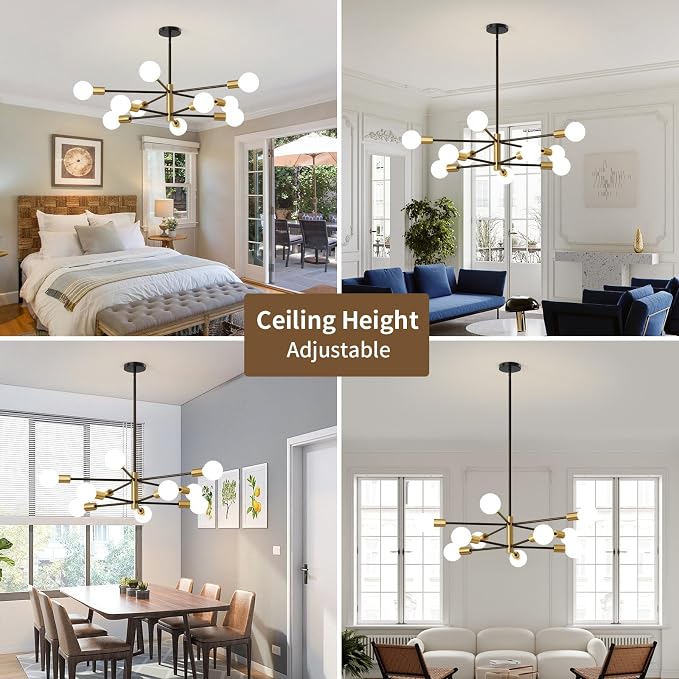 Sputnik Chandeliers Moderna Light Fixture, 10 Lights Black and Gold Mid Century Ceiling Chandelier, Height Adjustable for Living Room, Kitchen, Dining Room, Bedroom,Foyer