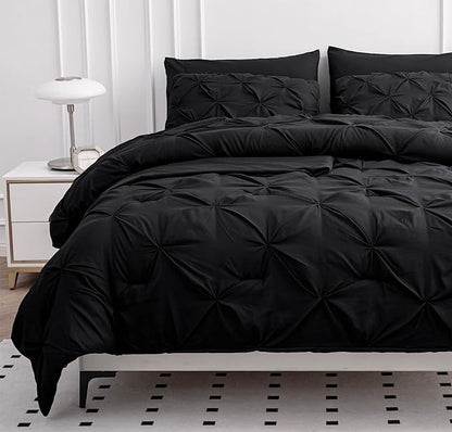 LANE LINEN California King Comforter Set, 7 Piece Cal King Bed in a Bag, Pintuck Cal King Bedding Set, Soft Cali King Bed Set, Cal King Bedding Comforter Sets with Sheets, Pillowcases & Shams - Black