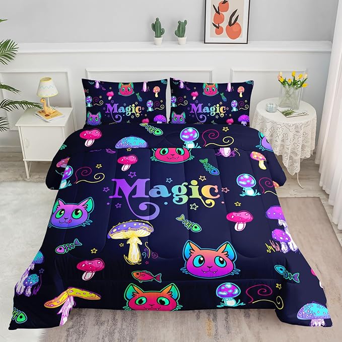 Datura home Mushroom Cat Kids Comforter Bedding Set for Boys Girls, Cartoon Mixed Color Mushroom and Cute Cat Fishbone Pattern Comforter with 2 Pillowcases(Mushroom Cat Queen)