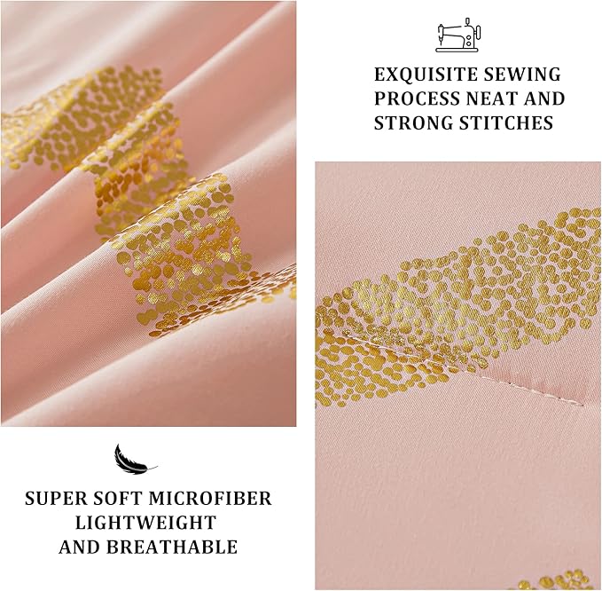 Pink Comforter Set Queen Size, Metallic Blush and Rose Gold Bedding Set, 4 Piece Lightweight Microfiber Bed Set for Teen Girls Women (2 Pillow Shams + 1 Decorative Pillow Sham)