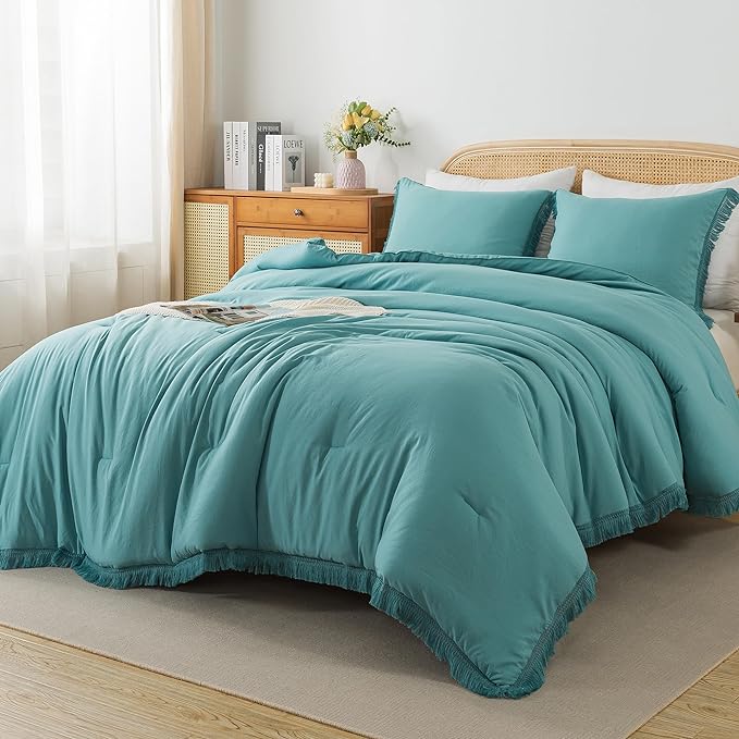 Andency Aqua Tassel Comforter Set Queen(90x90Inch), 3 Pieces(1 boho Comforter, 2 Pillowcases) Farmhouse Shabby Chic Comforter Set, Soft Microfiber Lightweight Fringe Bedding Comforter Set