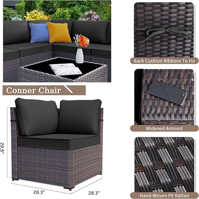 Patio Furniture Set Sofa 6-Pieces Wicker Sectional Sofa Set, Outdoor Furniture Rattan Patio Conversation Set with Thickened Cushion and Glass Coffee Table, Black