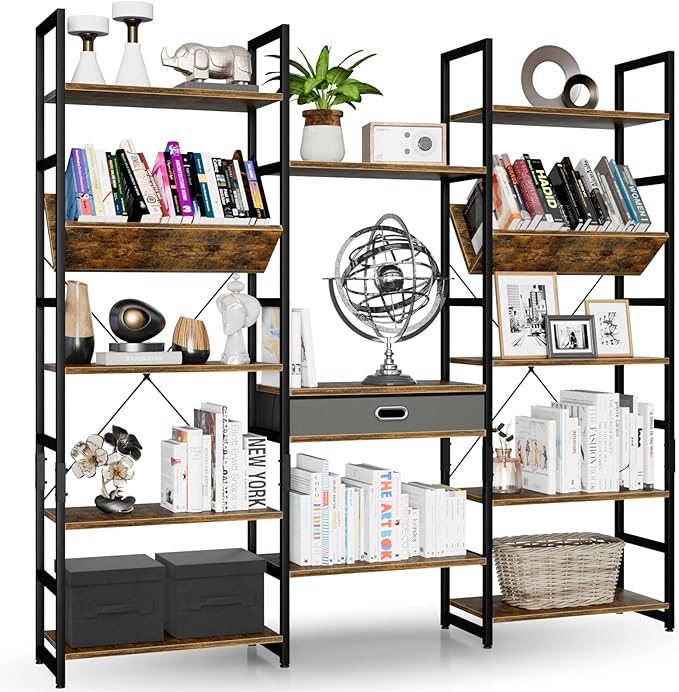 NUMENN Triple Wide 5 Tier Bookshelf, Adjustable Rustic Industrial Style Book Shelves, Modern Bookcases and Bookshelves Furniture for Bedroom, Living Room and Home Office, Vintage Brown