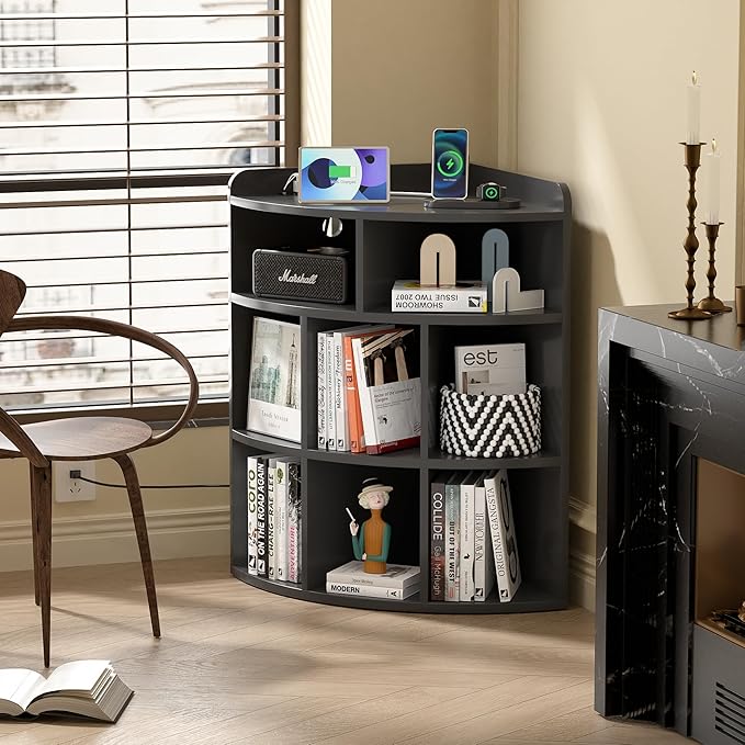 Vecelo Corner Cabinet with Charging Station, 3-Tier Cube Storage Organizer with USB Ports and Outlets, Triangle Bookcases with 8 Cubbies for Playroom, Bedroom, Living Room, Black