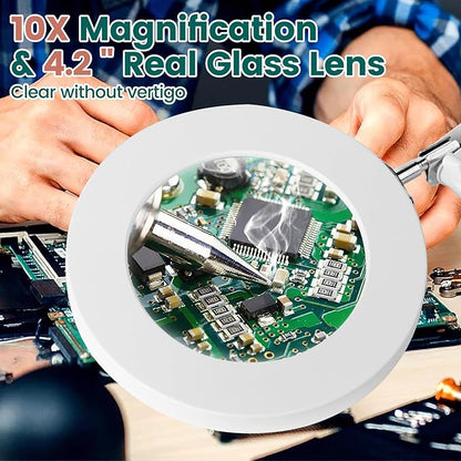 Magnifying Glass with Light and Clamp, 10X Real Glass Magnifier with Light, 3 Color Modes Stepless Dimmable Lighted Magnifying Glass, Magnifying Lamp for Repair Crafts Close Work- WHITE