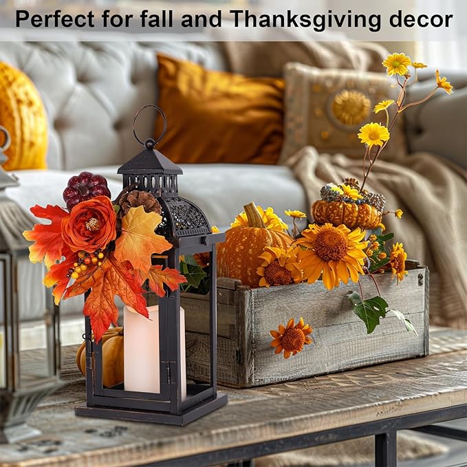 NEEDOMO Fall Decorations for Home, 15'' Fall Lantern Indoor Outdoor Thanksgiving Decor, Vintage Metal Hanging Candle Holders with Fall Teardrop Wreath and LED Candle for Patio, Porch, Table