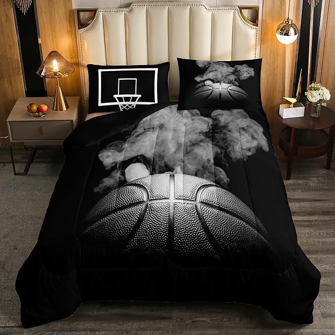 Sports Basketball Full Size Comforter Sets For Boys Teen Kids Basketball Quilt Bedding Set Grey Hippie Smoke Comforter Reversible Black Duvet Insert,1 Comforter + 2 Pillow Case Basketball Room Decor