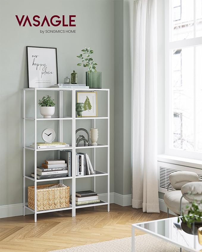 VASAGLE Bookcase, 5-Tier Bookshelf, Slim Shelving Unit for Bedroom, Bathroom, Home Office, Tempered Glass, Steel Frame, Pearl White and Slate Gray ULGT029W01