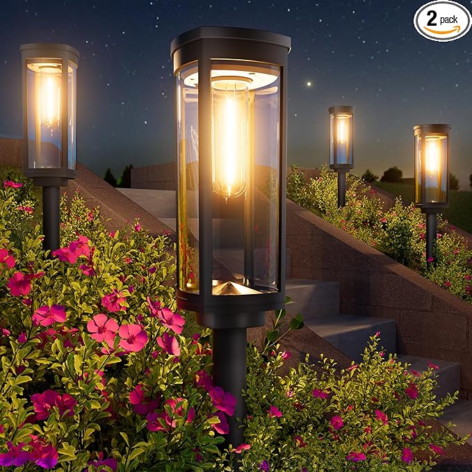 Bright Solar Pathway Lights, 2 Pack Solar Lights Outdoor Waterproof IP65, Auto On/Off Path Landscape Lighting, Long Lasting Outdoor Light for Yard Garden Walkway Landscape Lawn Patio Lighting