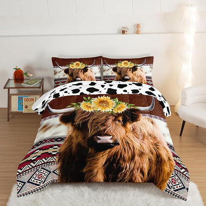 HOSIMA Highland Cow Decor Comforter with 2 Pillowcases,Animal Theme Western Bedding Sets,Brown Cowhide Black White Cow Print Comforter Set for Adults Kids,Sunflower Full Size Comforter.