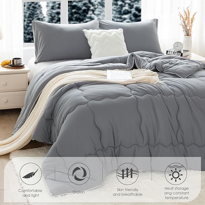 COTTEBED Ultra-Soft Warm Comforter Set Queen/Full Size Bed, Thick Milk Cup Breathable Fluffy Bedding Down Alternative & Pillowcase for Man Women Girl Winter Dark Grey