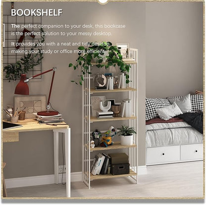 4NM No-Assembly 5 Tiers Folding Bookshelf Storage Shelves Vintage Bookcase Standing Racks Study Organizer Home Office - Natural and White