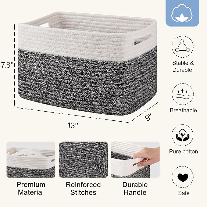 4 Pack Storage Baskets for Organizing, Woven Baskets for Shelves - Perfect for Toys, Books, Towels, and Clothes, Durable Gift Basket Bins Toy Storage, 13''Lx9''Wx7.8''H, Black & White