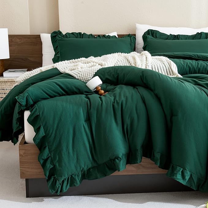 Andency Dark Emerald Green Comforter Set Queen, 3 Pieces Solid Ruffle Farmhouse Bedding Set for Queen Bed, Lightweight Soft Ruffled Bed Comforter Set for All Seasons