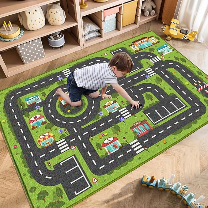 Car Rug Play Mat, Road Rug Carpet for Kids, City Life Educational Road Traffic Carpet for Ages 3-12 Years Old(80×160cm/32×63inch)