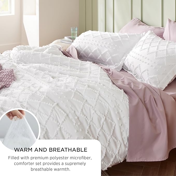 Bedsure Twin/Twin XL Comforter Set - Ivory Boho Twin Extra Long Comforter Set for College, Shabby Chic Dorm Bedding Set, 2 Pieces Modern Farmhouse Bed Set, includes 1 Pillow Sham