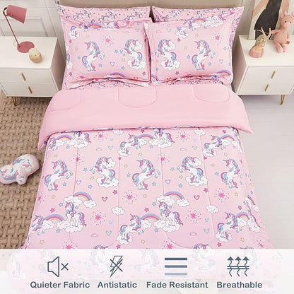 Mooreeke Kids Comforter Bed Set Twin Size for Girls, 6 Pieces Bed in a Bag with Shams, Sheet Set, Pink Unicorn Double Soft Microfiber Kids Comforter Bedding Set