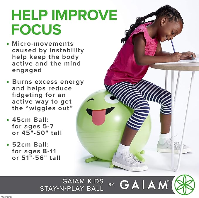 Gaiam Kids Stay-N-Play Children's Balance Ball, Flexible School Chair Active Classroom Desk Alternative Seating, Built-In Stay-Put Soft Stability Legs, Includes Air Pump, 45cm, Green Crazy Silly