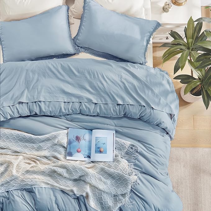 Andency Grayish Blue Comforter Set Twin Size, 2 Pieces Boho Tassel Lightweight Bedding Comforter Sets, All Season Soft Fluffy Fringe Bed Set (66x90In Comforter & 1 Pillowcase)