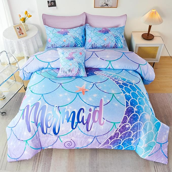 URBONUR 6Pcs Twin Comforter Set for Girls Pastel Purple Blue Mermaid Printed Bedding Set for Girls Bedroom, Soft All Season Bed in a Bag Comforter with Sheet Set, Twin Size