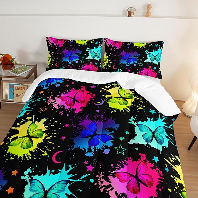 HOSIMA Colorful Butterfly Comforter Set for College Girls and Boys Twin Bed in a Bag,3Pcs Bedding Set Colorful Ink Print Comforter with 2 Pillowcases,Star Moon Black Twin Comforter for All Seasons.