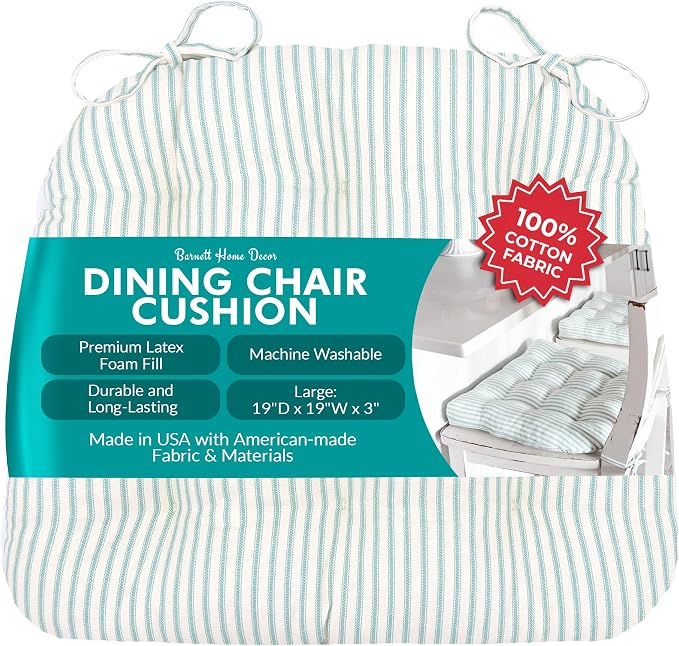 Barnett Home Decor Ticking Stripe Aqua Dining Chair Pad with Ties - 19 x 19 Size Large Chair Cushion - Latex Foam Fill - Machine Washable, Reversible, 100% Cotton, Made in USA (Turquoise)