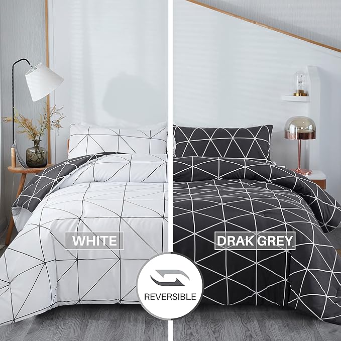 Black & White Comforter Bed in a Bag King for Kids Adults, 3Pcs Reversible Geometric Bedding Set with 2 Pillow Shams for All Seasons (King,104x90inches)