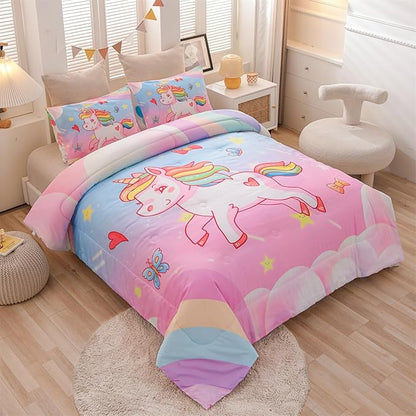 Aimuan Girls Unicorn Comforter Set 3 Pieces Pink Purple Bedding Set with Rainbow Star Galaxy Stars Fantasy Children Room Decor Soft Reversible Bed Sets for Boys/Girls/Teens (Pink Blue Full3Pcs)