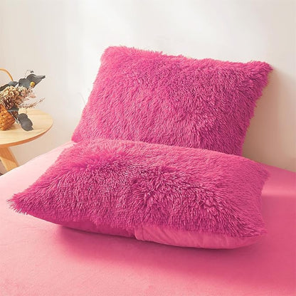 FOPPA Hot pink fluffy Comforter Cover Set king- Ultra Soft fluffy hot pink Bedding Sets 3 Pieces (1 Duvet Cover + 2 Pillow case) hot pink fluffy bed set (Hot pink, King)