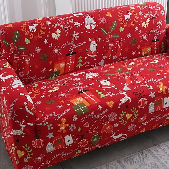 Mybedsoul Christmas Printed Sofa Cover Santa Claus Elastic Couch Cover Machine Washable Christmas Theme Red Sofa Slipcover for Living Room(2 Seater/Loveseat)