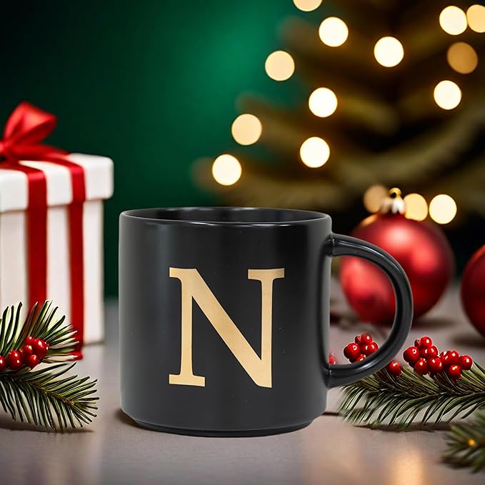 COLLECTIVE HOME - Monogram Ceramic Mugs, 15 oz Golden Initial Black Coffee Cups, Elegant Alphabet Tea Mugs, Elegant Personalized Mug with Gift Box, Unique Mug with Double Side Capital Lette (N)