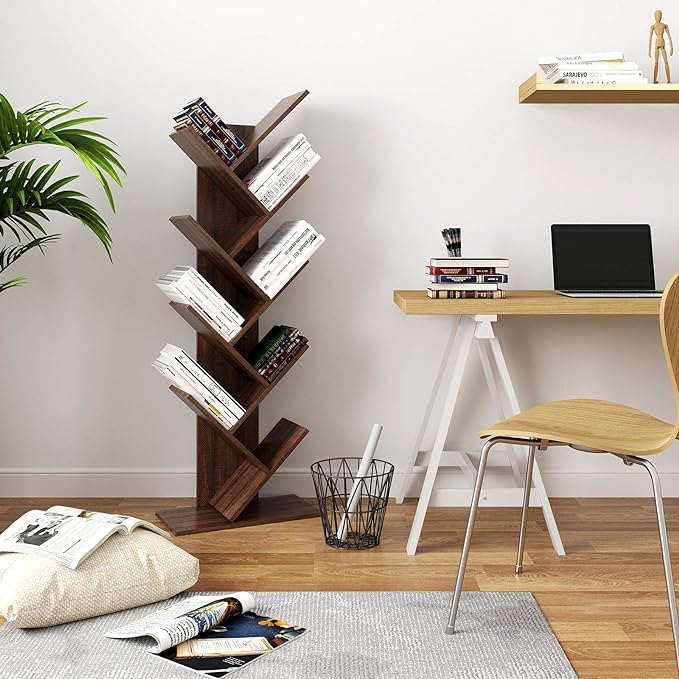 VASAGLE Tree Bookshelf, 9-Tier Bookcase, Large Bookshelf, Space-Saving Corner Shelf, Book Tree, Holds Books, CDs, Games, for Bedroom, Living Room, Home Office, Walnut Color ULBC11BY