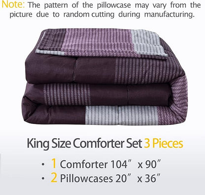 Andency Stripe Comforter Set King Size (104x90 Inch), 3 Pieces Purple and Gray Patchwork Striped Comforter, Soft Microfiber Down Alternative Comforter Bedding Set with Corner Loops