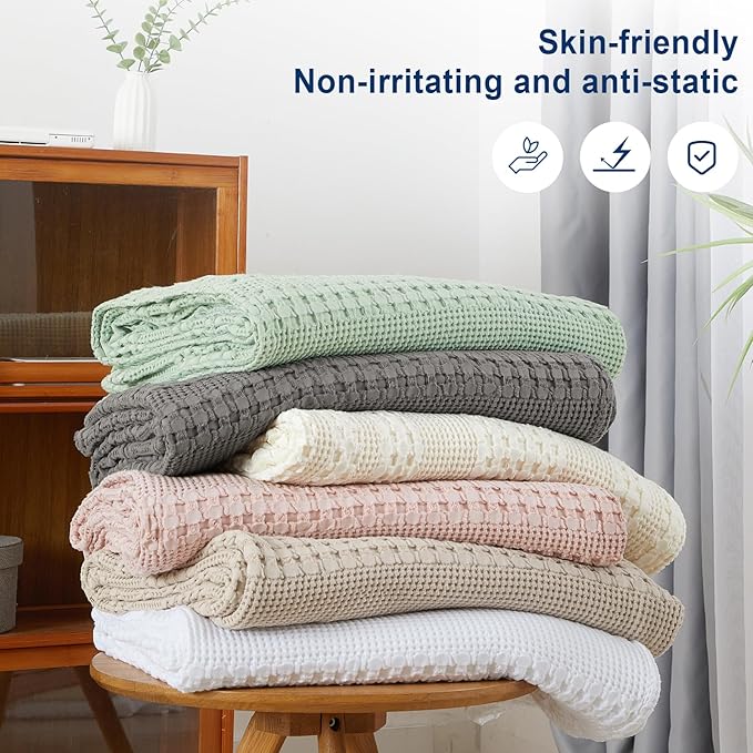 PHF 100% Cotton Waffle Weave Blanket Queen Size, Soft Lightweight Breathable Cozy Summer Blankets for Bed, Luxury Aesthetic Woven Bedding for Home Decor, 90"x90", White