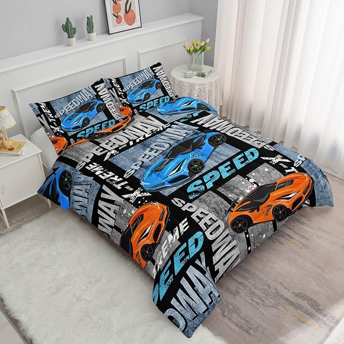 Datura home Sports Car Comforter Set Vintage Racing Car Printed Quilt Bedding Set with 1 Comforter and 2 Pillowcases for Boys and Girls Bedroom All Season(Sports Car Queen)